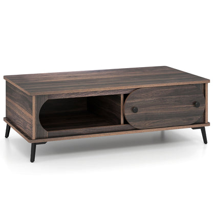 Modern Wooden Center Table with 2 Compartments and Sturdy Metal Legs for Living Room-Walnut