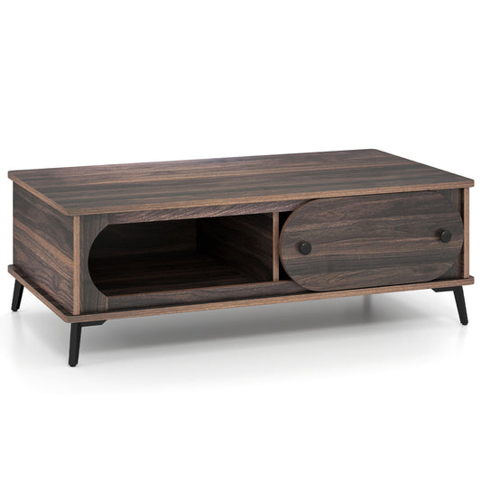 Modern Wooden Center Table with 2 Compartments and Sturdy Metal Legs for Living Room-Walnut