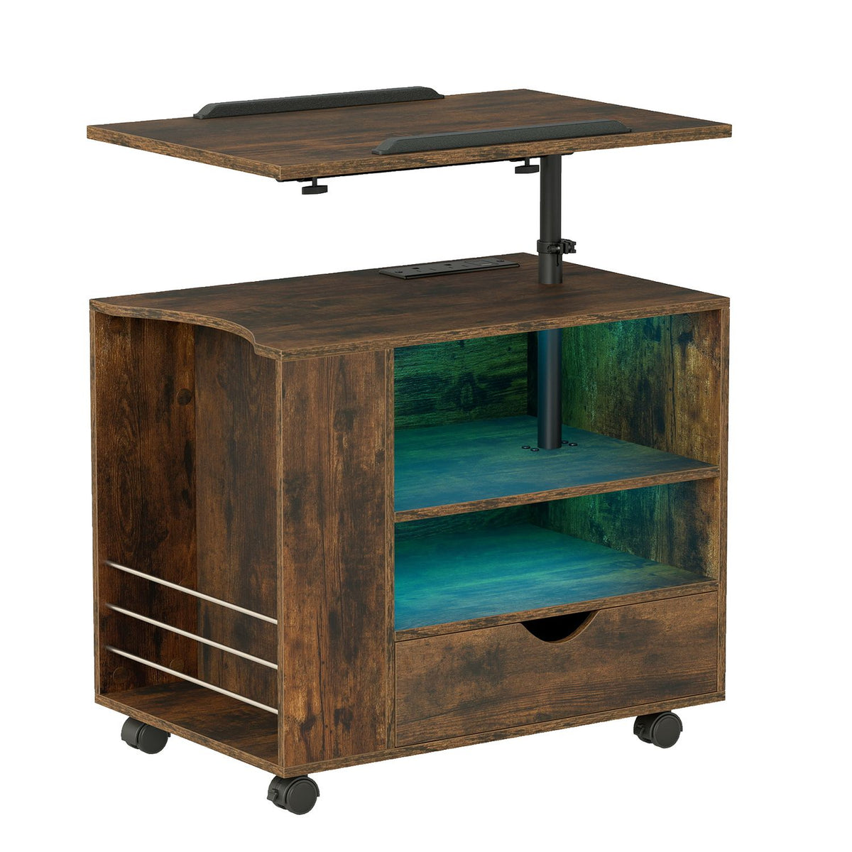 Modern Wooden Nightstand with Charging Station and LED Lights for Dorm and Bedroom-Brown