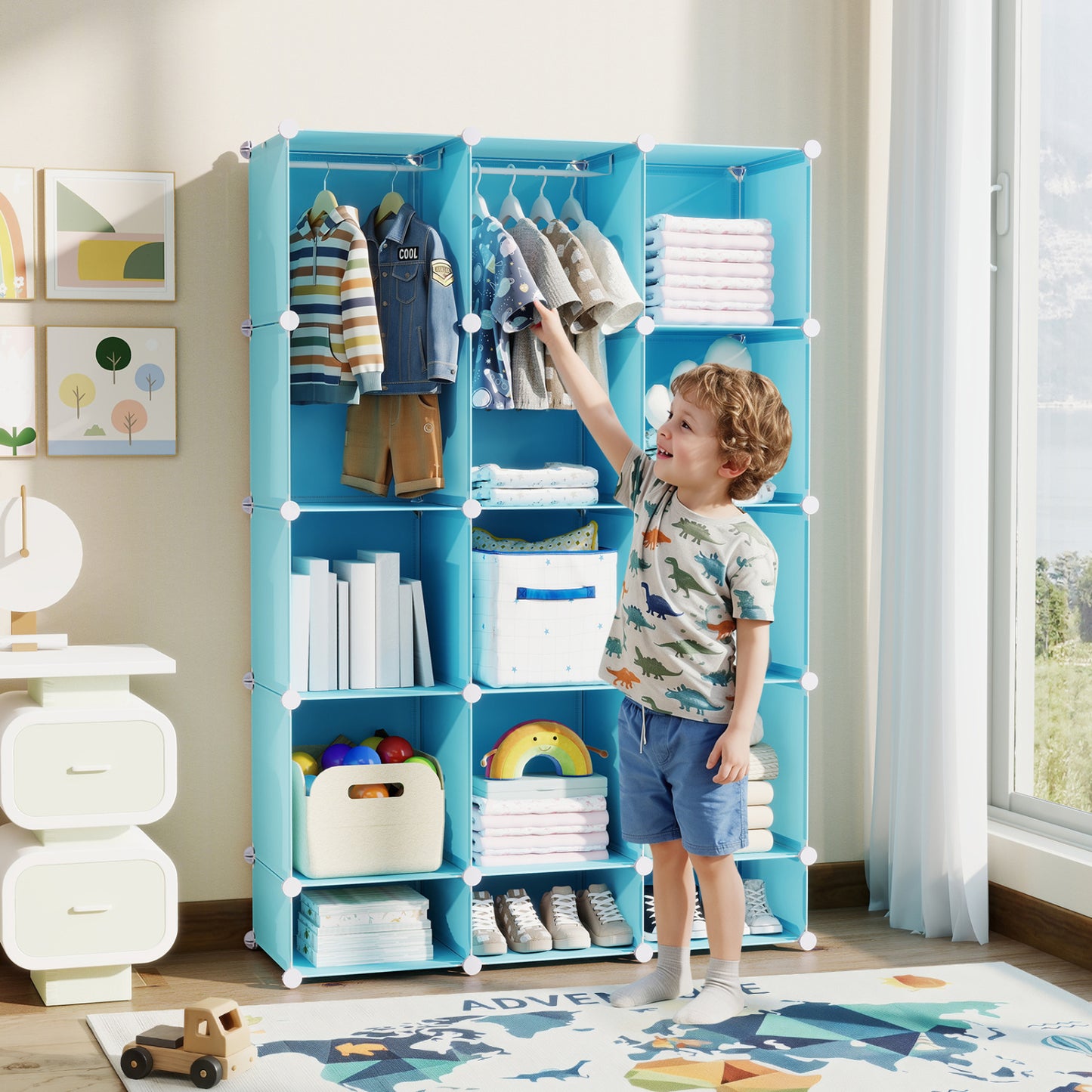 Blue modular baby wardrobe with 13 cubes, hanging rod, and shelves, designed for toddler and kids storage.