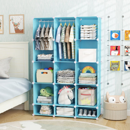 Blue modular baby wardrobe with 13 cubes, hanging rod, and shelves, designed for toddler and kids storage.