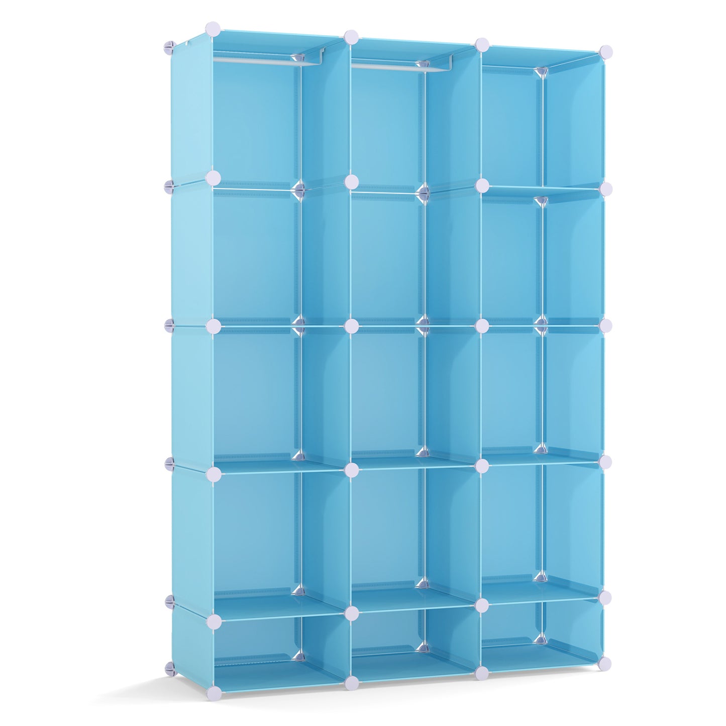 Blue modular baby wardrobe with 13 cubes, hanging rod, and shelves, designed for toddler and kids' storage.