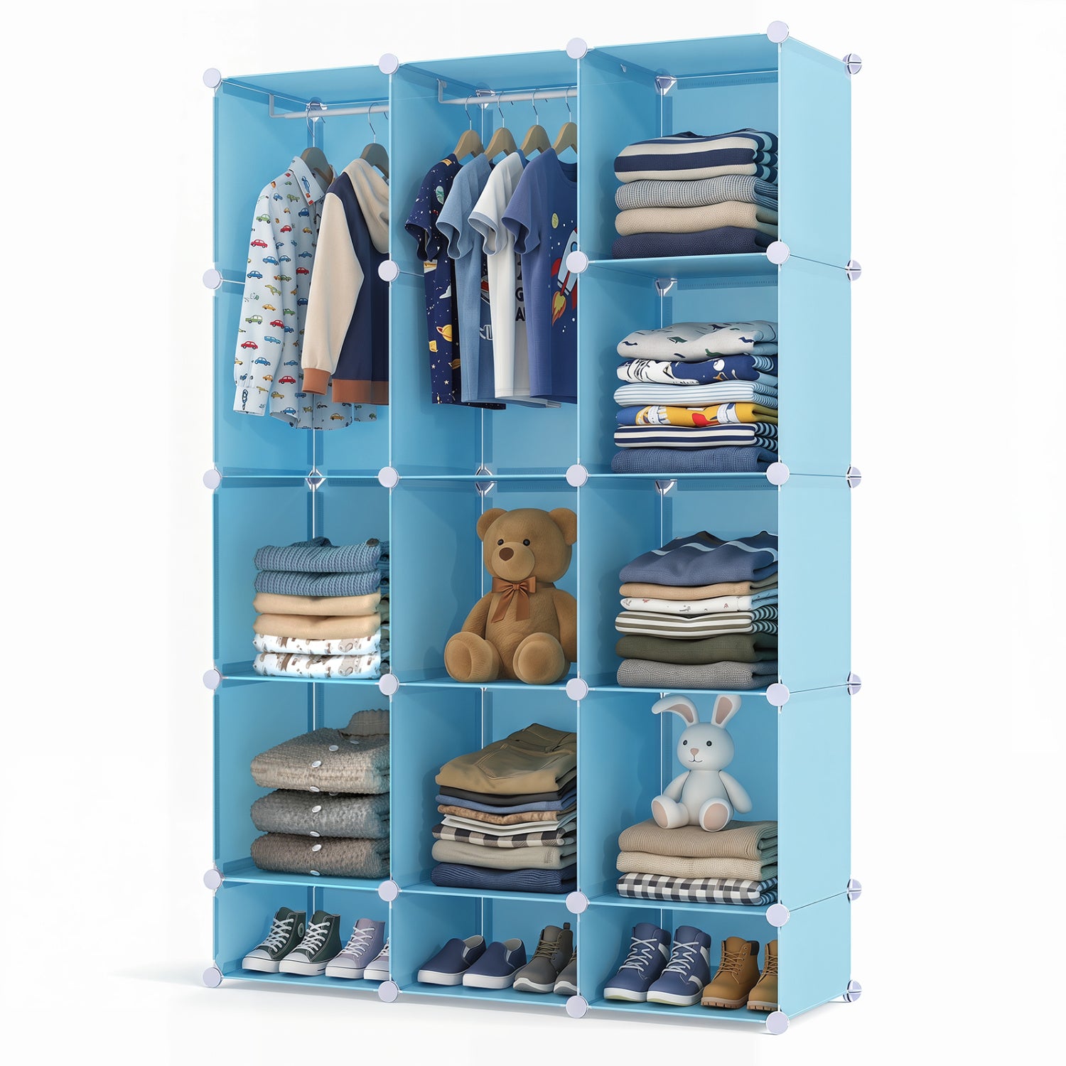 Blue modular baby wardrobe with 13 cubes, hanging rod, and shelves, designed for toddler and kids storage.