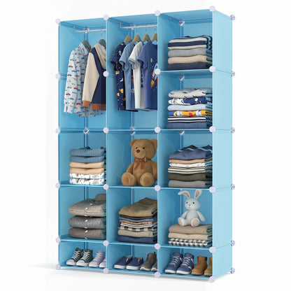 Blue modular baby wardrobe with 13 cubes, hanging rod, and shelves, designed for toddler and kids storage.