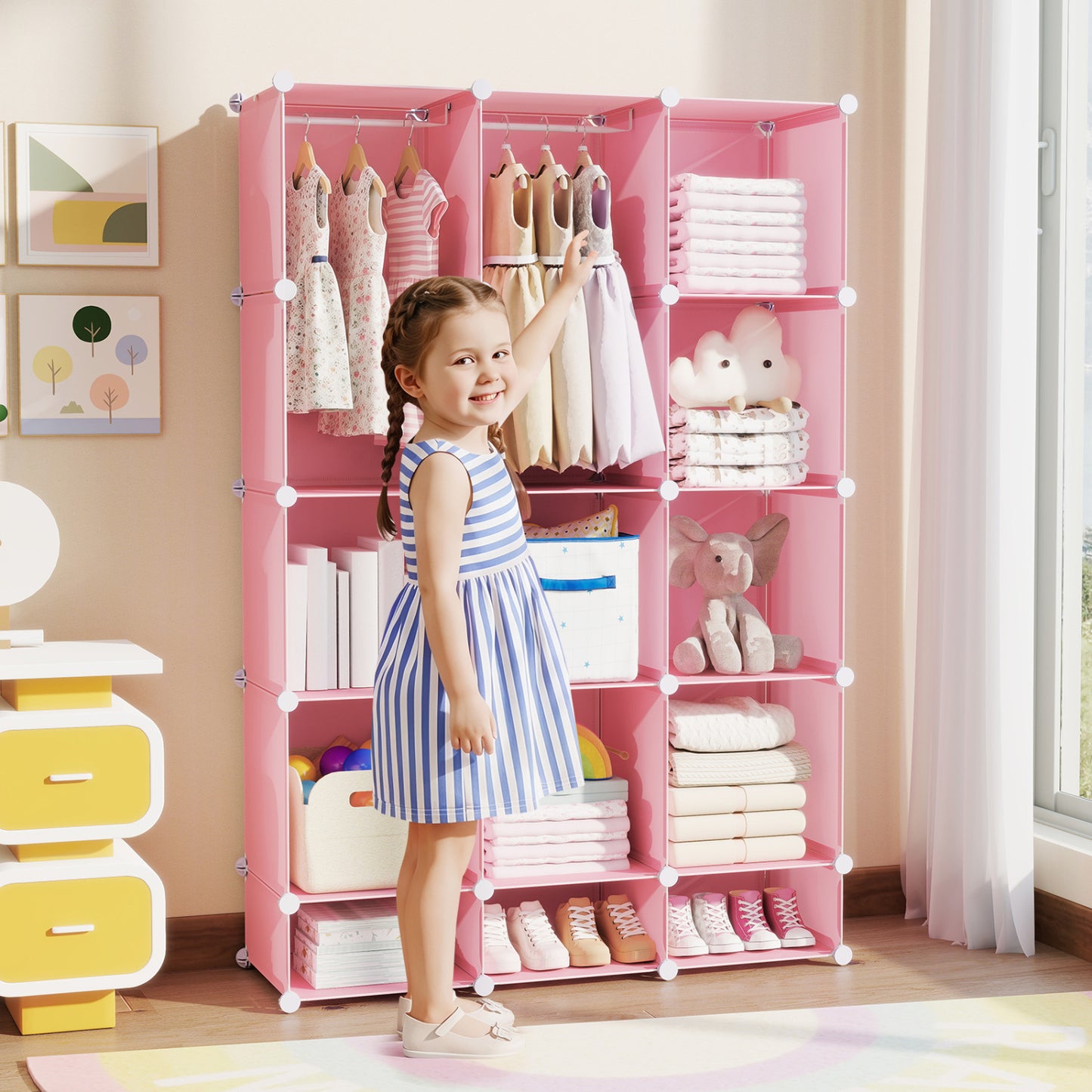 Blue modular baby wardrobe with 13 cubes, hanging rod, and shelves, designed for toddler and kids storage, by Wilsons Home Store