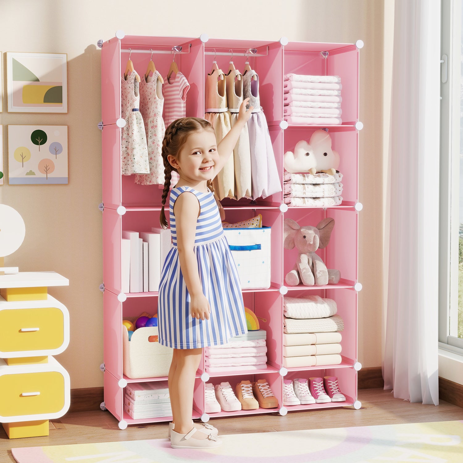 Blue modular baby wardrobe with 13 cubes, hanging rod, and shelves, designed for toddler and kids storage, by Wilsons Home Store