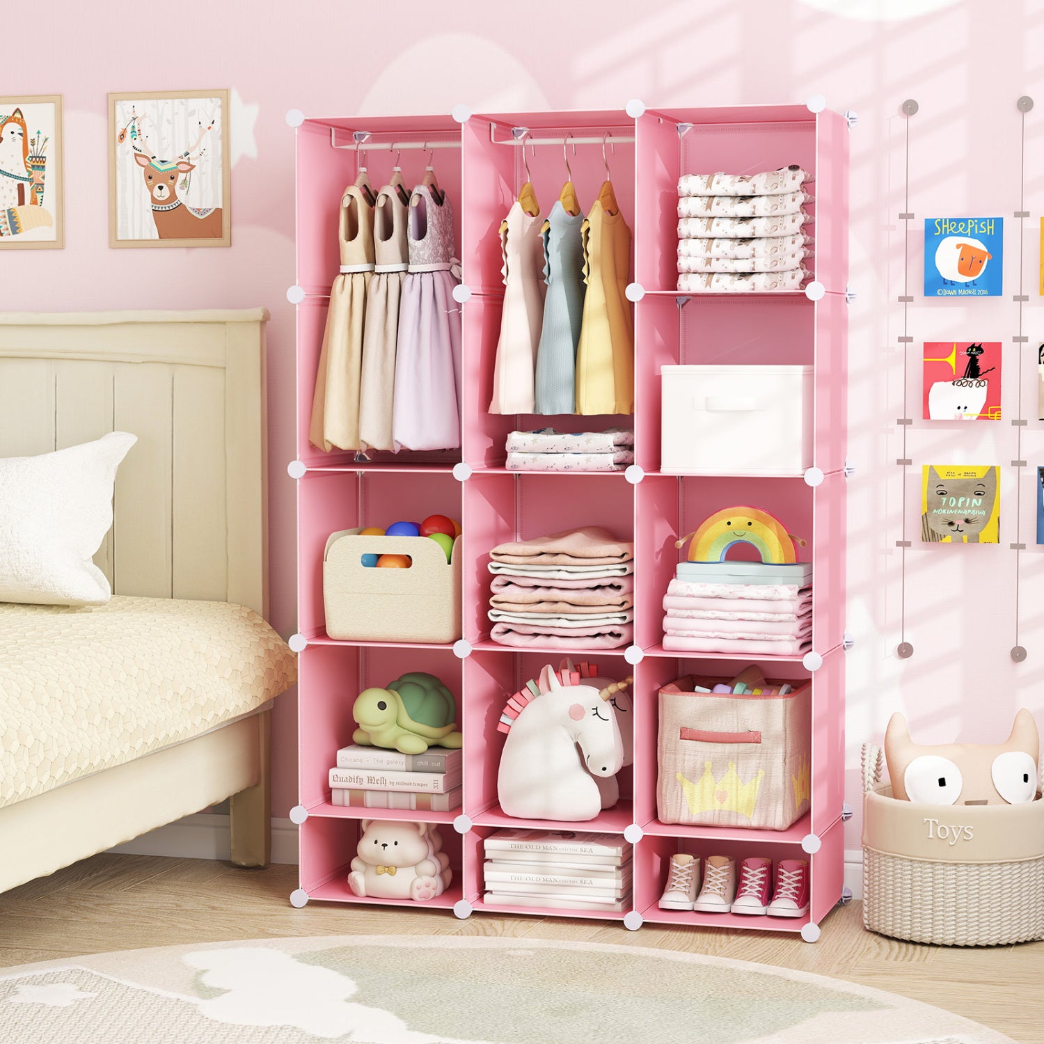 Blue modular baby wardrobe with 13 cubes, hanging rod, and shelves, designed for toddler and kids storage.