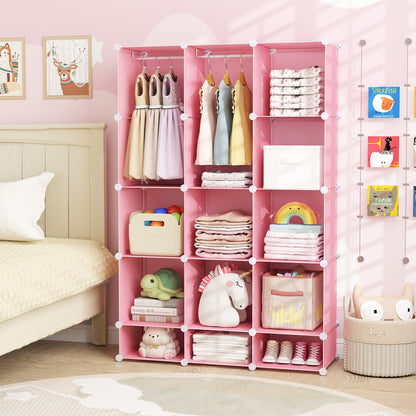 Blue modular baby wardrobe with 13 cubes, hanging rod, and shelves, designed for toddler and kids storage.