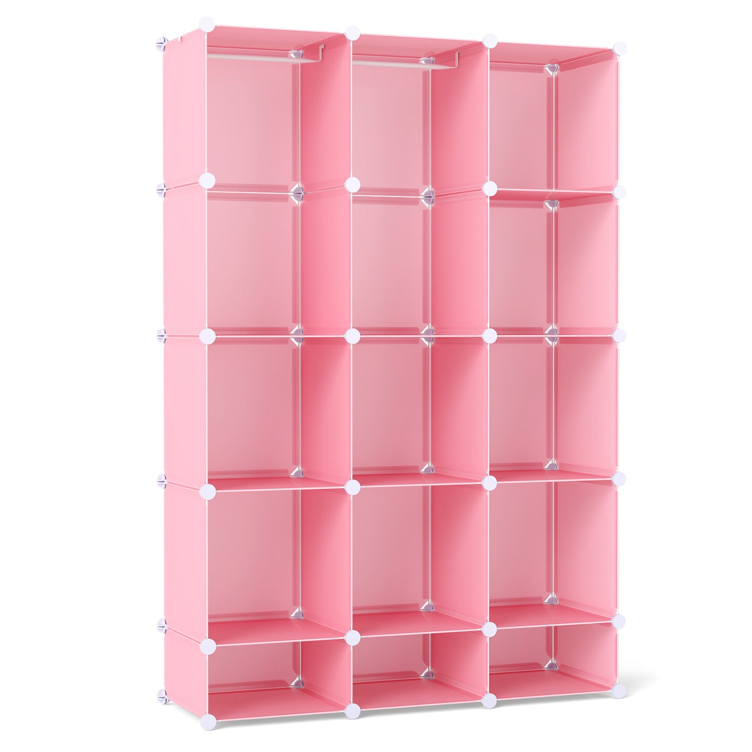 Blue modular baby wardrobe with 13 storage cubes, hanging rod, and shelves for toddler and kids' bedroom organization.