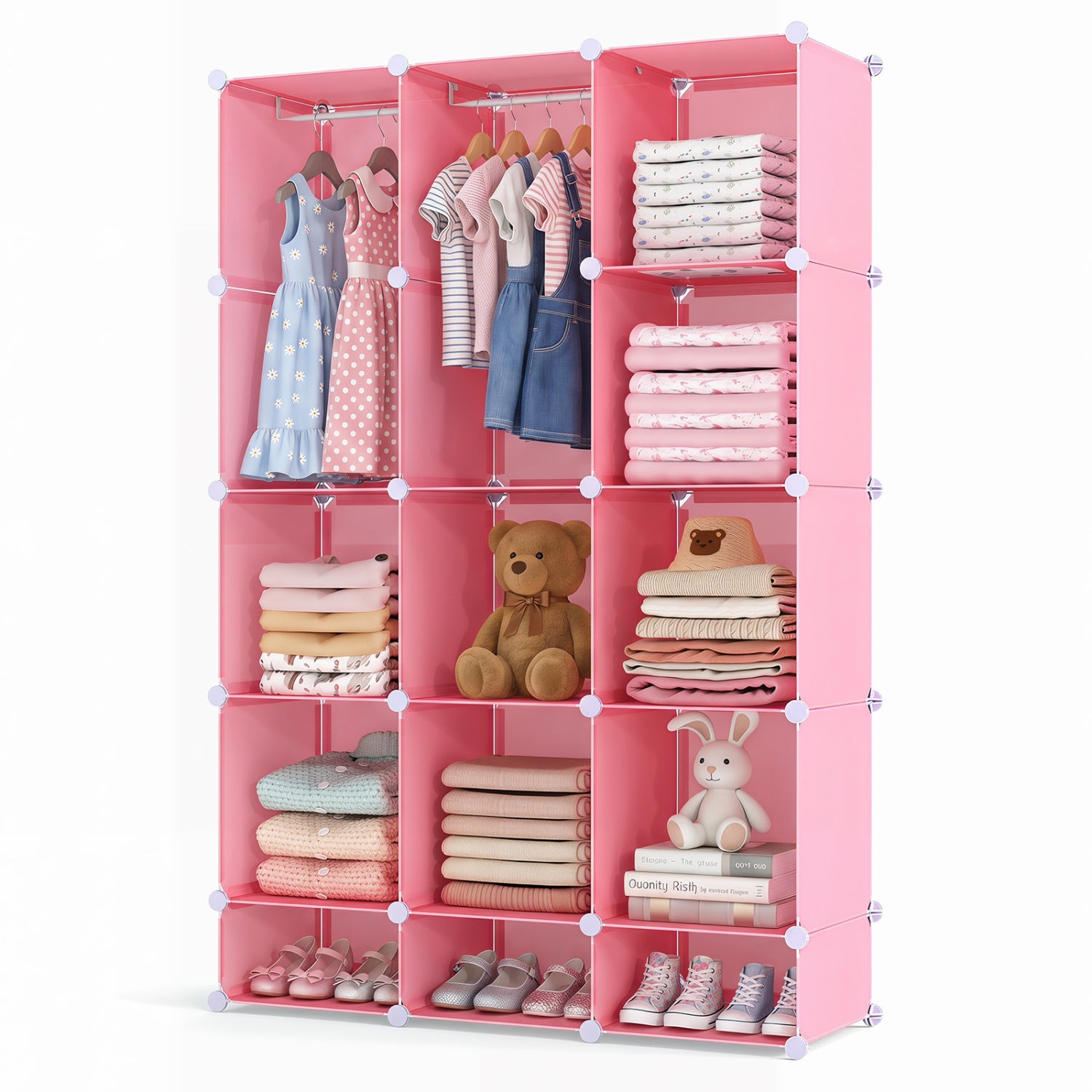 Blue modular baby wardrobe with 13 cubes, hanging rod, and shelves, designed for toddler and kids' storage.