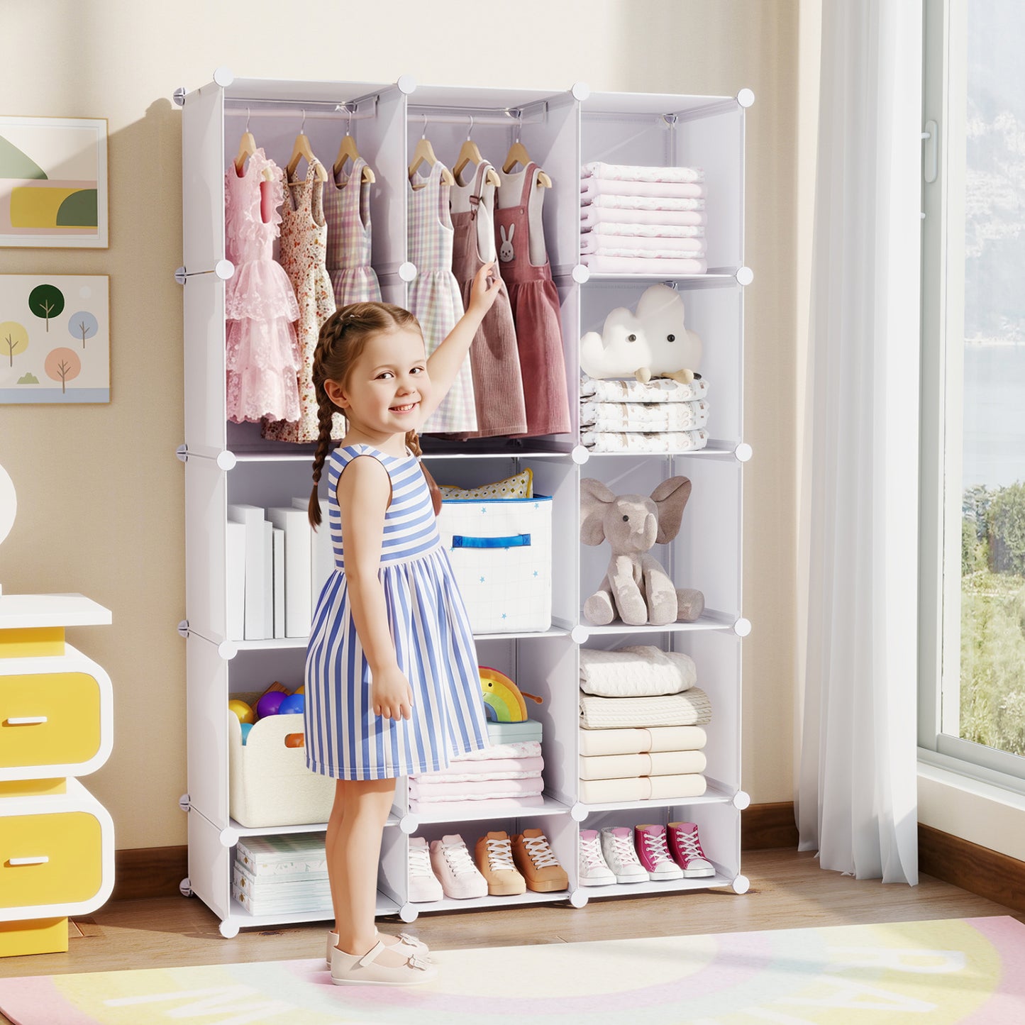 Blue modular baby wardrobe with 13 cubes, hanging rod, and shelves, designed for toddler and kids' storage.