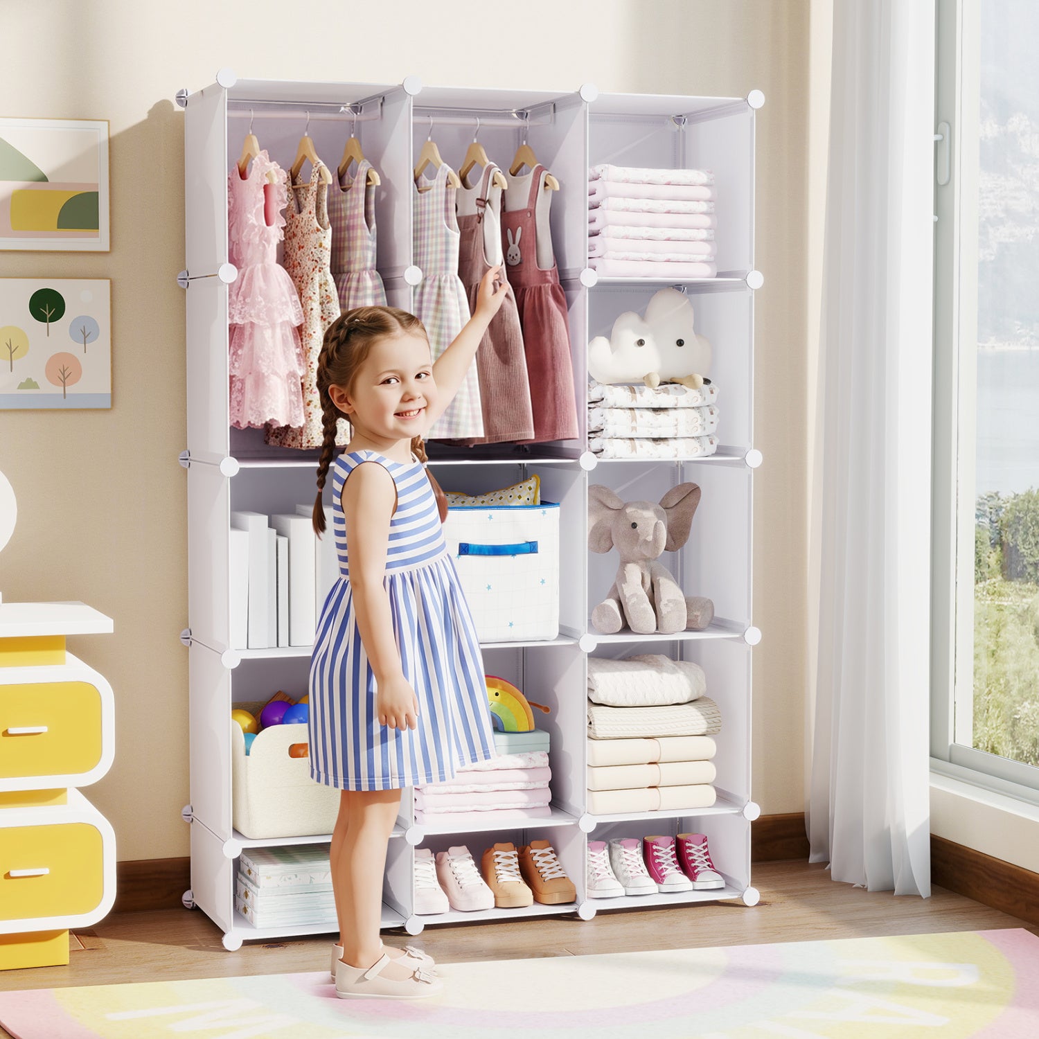 Blue modular baby wardrobe with 13 cubes, hanging rod, and shelves, designed for toddler and kids' storage.