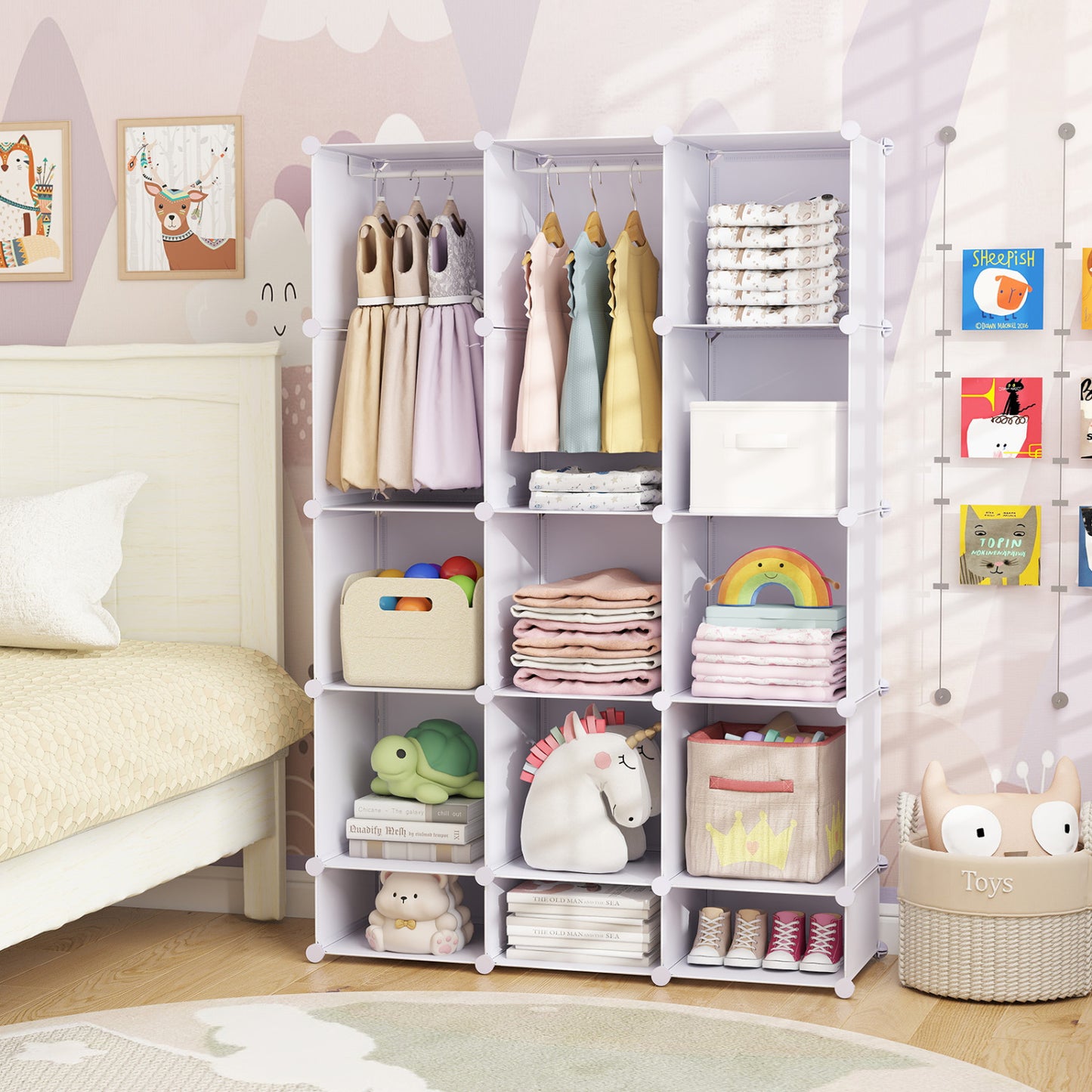 Blue modular baby wardrobe with 13 cubes, hanging rod, and shelves, designed for toddler and kids storage in a modern nursery.