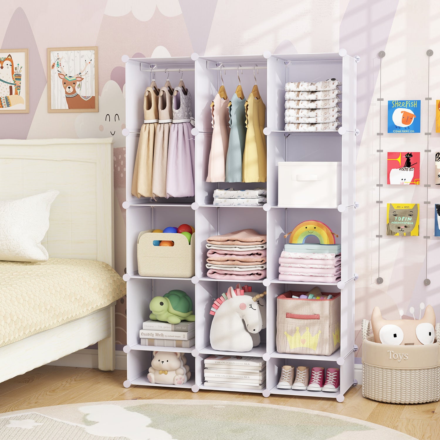 Blue modular baby wardrobe with 13 cubes, hanging rod, and shelves, designed for toddler and kids storage in a modern nursery.