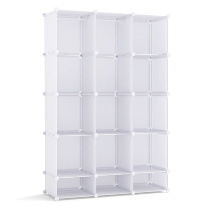 Blue modular baby wardrobe with 13 cubes, hanging rod, and shelves, designed for toddler and kids' storage.