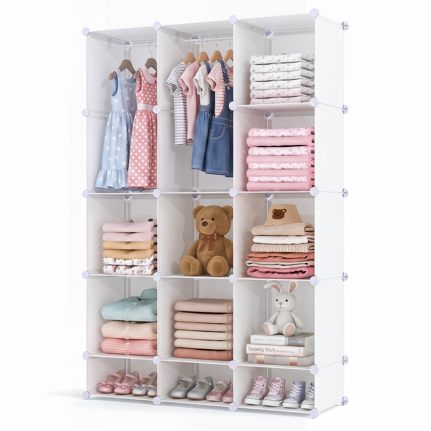 Blue modular baby wardrobe with 13 cubes, hanging rod, and shelves, designed for toddler and kids storage.