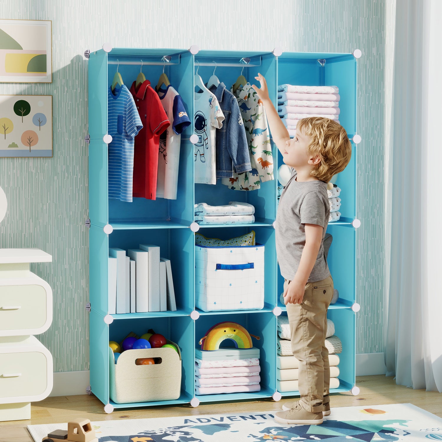 Blue modular baby wardrobe with 10 storage cubes, hanging rod, and shelves, designed for toddler and kids' storage.