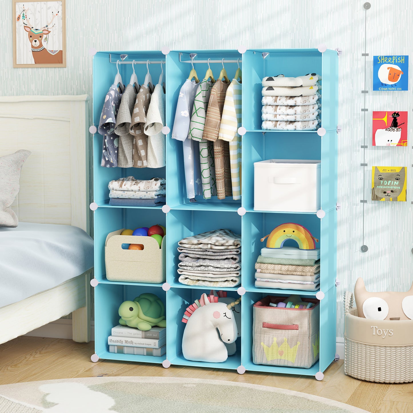 Blue modular baby wardrobe with 10 cubes, hanging rod, and shelves, designed for toddler and kids storage.