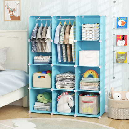 Blue modular baby wardrobe with 10 cubes, hanging rod, and shelves, designed for toddler and kids storage.