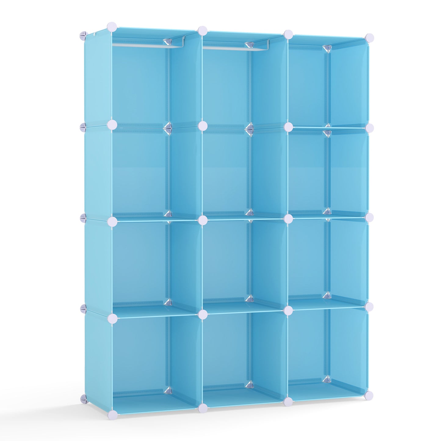Blue modular baby wardrobe with 10 storage cubes, hanging rod, and shelves, designed for toddler and kids' bedroom organization.