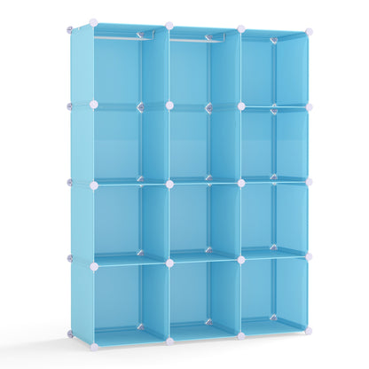 Blue modular baby wardrobe with 10 storage cubes, hanging rod, and shelves, designed for toddler and kids' bedroom organization.