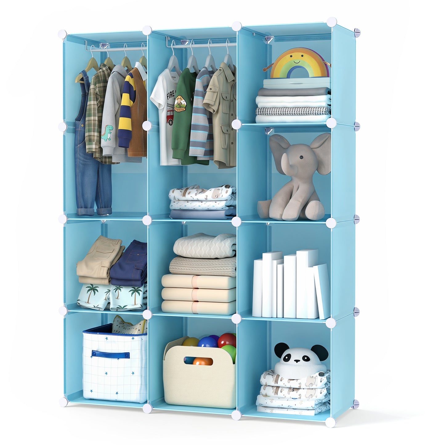 Blue modular baby wardrobe with 10 cubes, hanging rod, and shelves for toddler storage, featuring a stackable design.