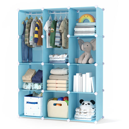 Blue modular baby wardrobe with 10 cubes, hanging rod, and shelves for toddler storage, featuring a stackable design.