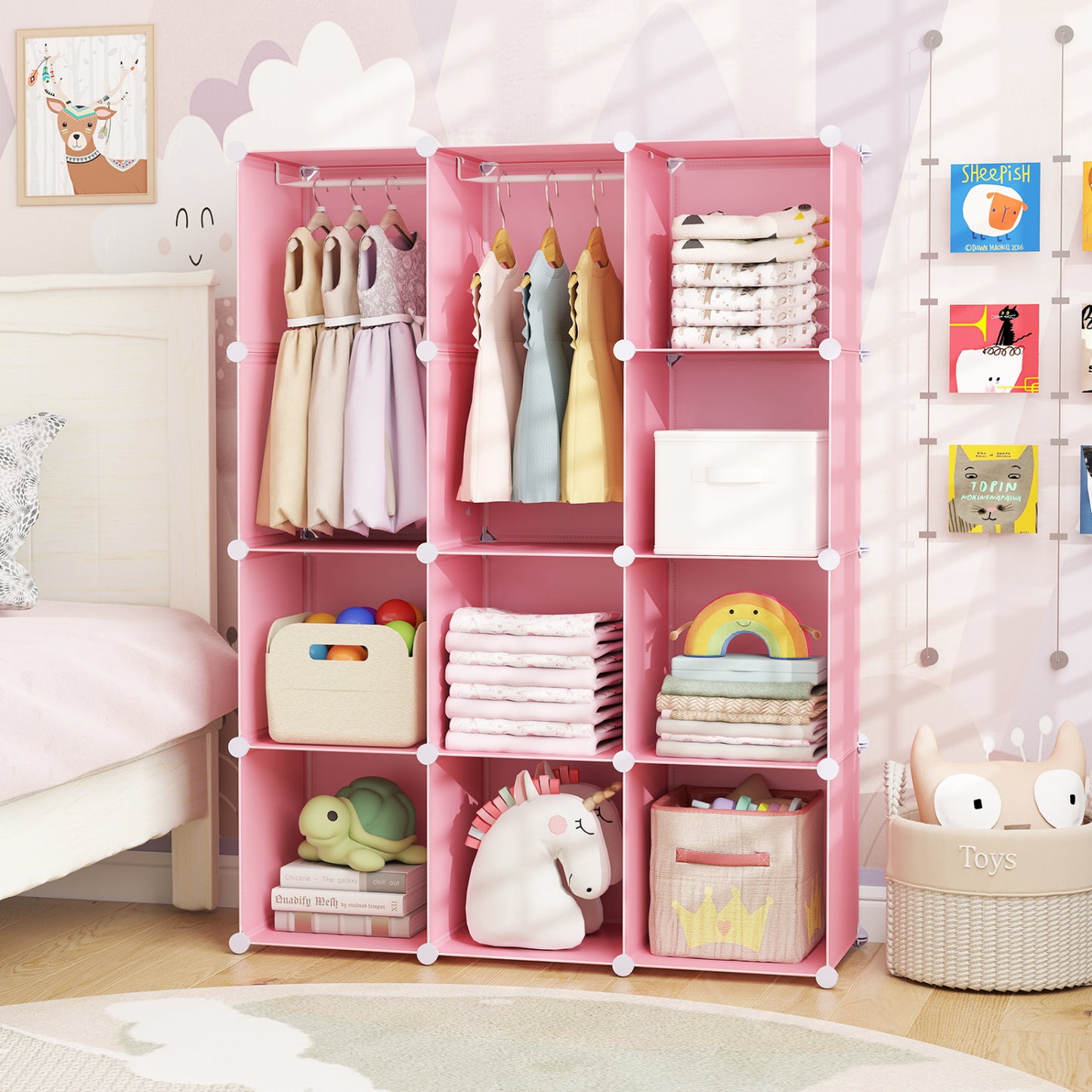 Blue modular baby wardrobe with 10 cubes, hanging rod, and shelves, designed for toddler and kids storage.