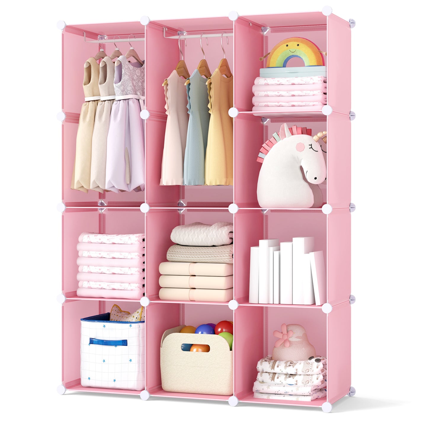 Blue modular baby wardrobe with 10 cubes, hanging rod, and shelves, designed for toddler and kids’ storage in a nursery.