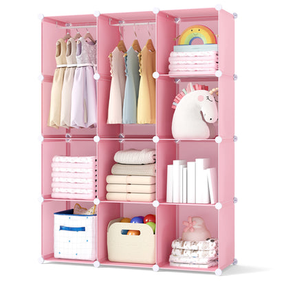 Blue modular baby wardrobe with 10 cubes, hanging rod, and shelves, designed for toddler and kids’ storage in a nursery.