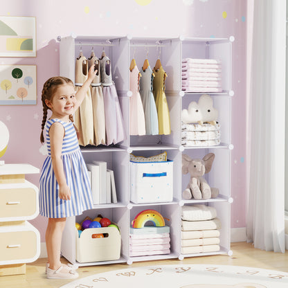 Blue modular baby wardrobe with 10 cubes, hanging rod, and shelves, stackable toddler storage furniture by Wilsons Home Store