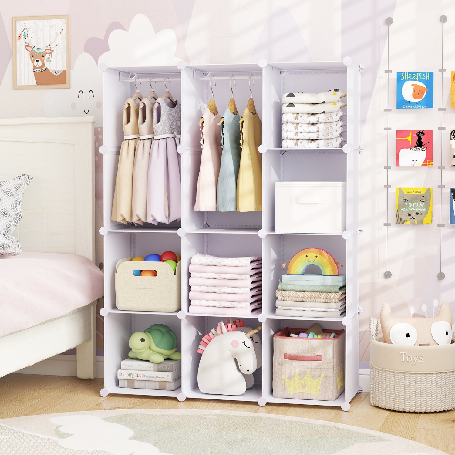 Blue modular baby wardrobe with 10 cubes, hanging rod, and shelves, designed for toddler and kids storage.