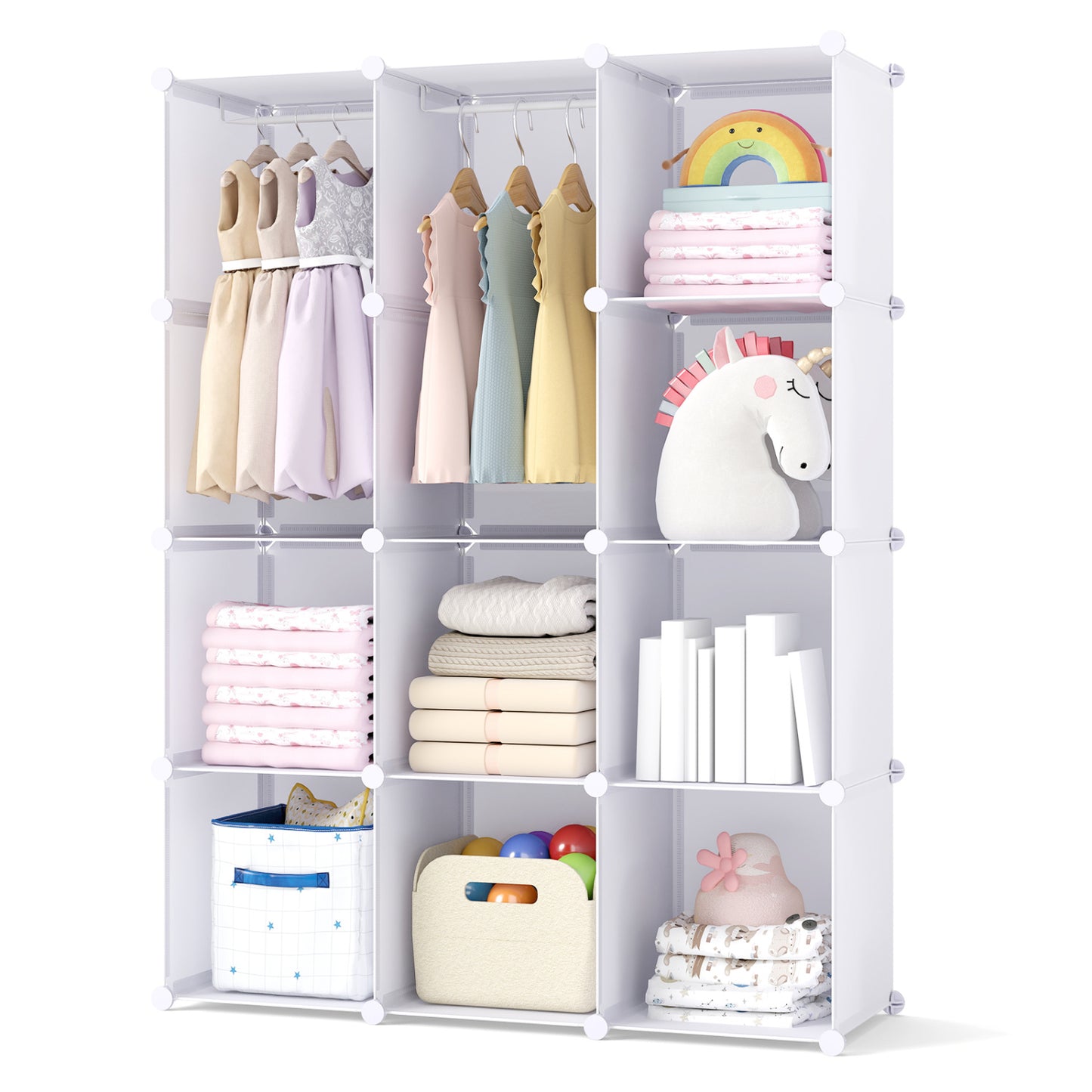 Blue modular baby wardrobe with 10 cubes, hanging rod, and shelves, designed for toddler and kids storage.