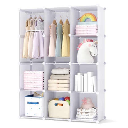 Blue modular baby wardrobe with 10 cubes, hanging rod, and shelves, designed for toddler and kids storage.