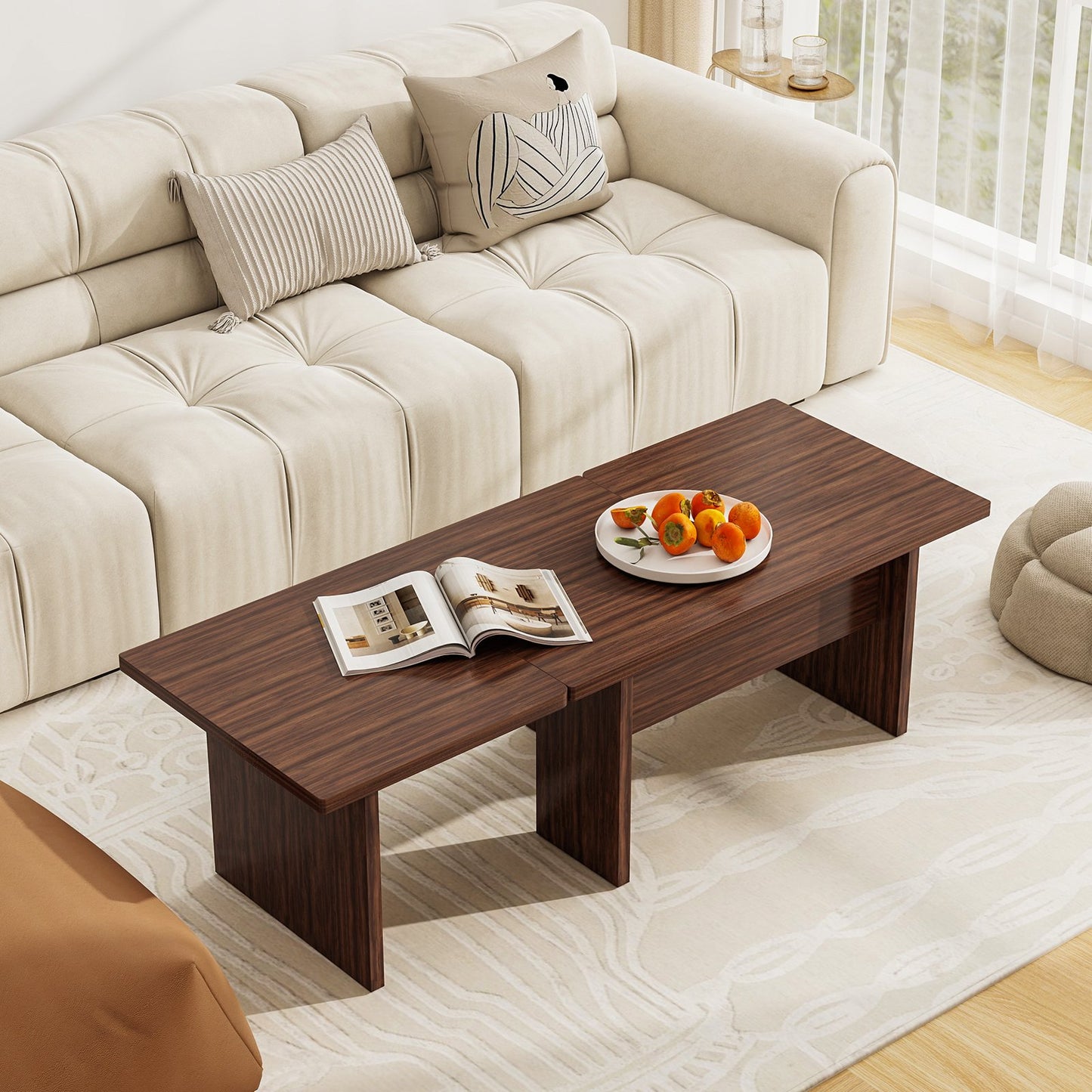 Modular Coffee Table Set of 2 L Shaped Center Tables for Small Space-Oak