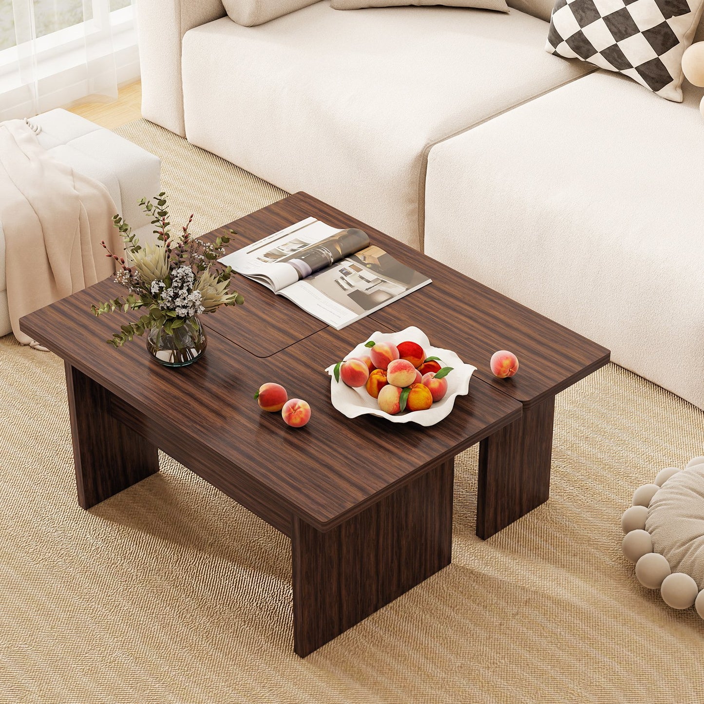 Modular Coffee Table Set of 2 L Shaped Center Tables for Small Space-Oak