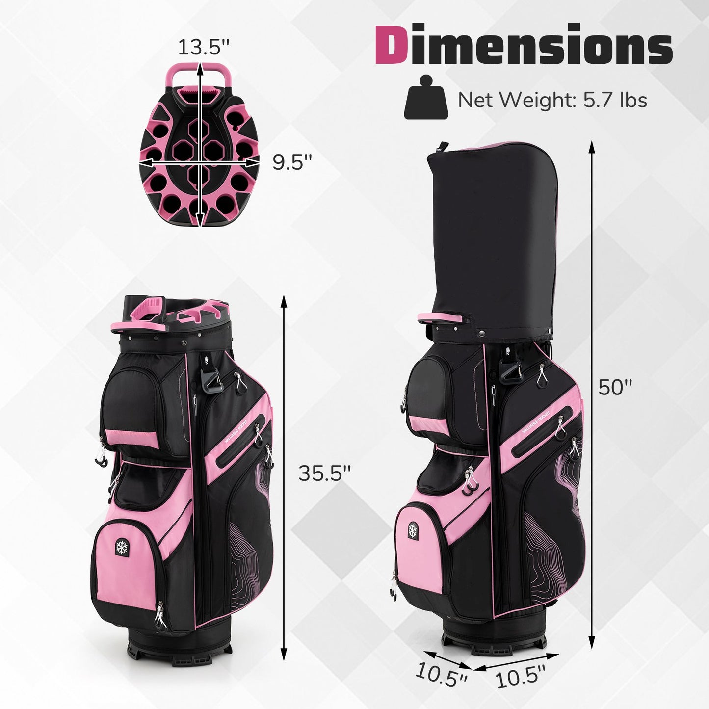Molded Lock Top Golf Cart Bag with 14-Way Full Length Dividers and 11 Pockets-Gray