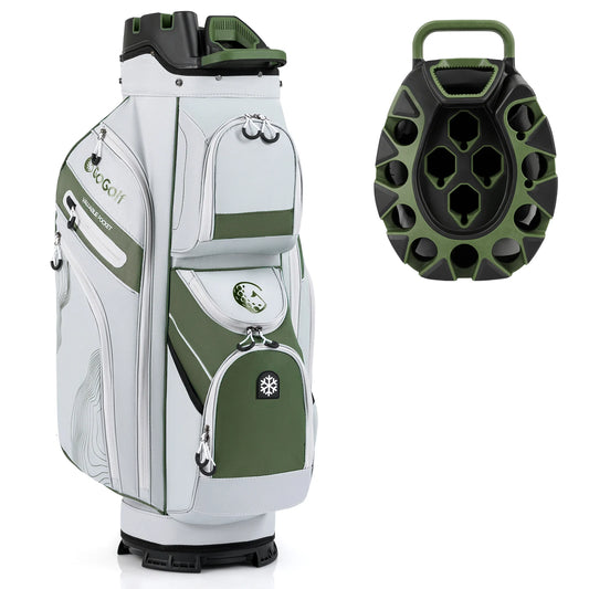 Green molded lock top golf cart bag with 14-way divider and 11 pockets, designed for golf carts by Wilsons Home Store.