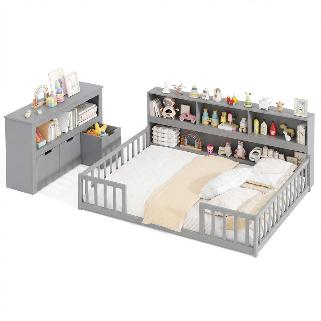 Montessori Twin Floor Bed and Kids Toy Storage Cabinet Bundle
