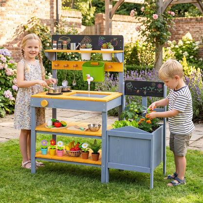 Yellow mud kitchen set for kids with running water reservoir and plant pots, designed for pretend play and outdoor fun.