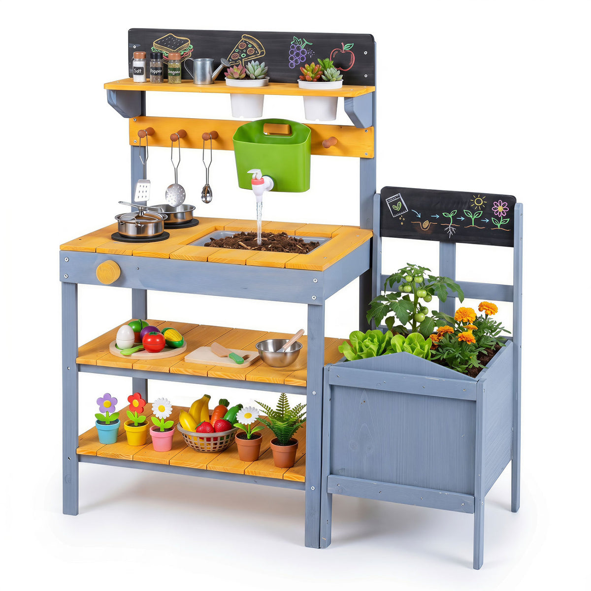 Yellow mud kitchen set for kids with running water reservoir and plant pots, designed for pretend play and outdoor fun.