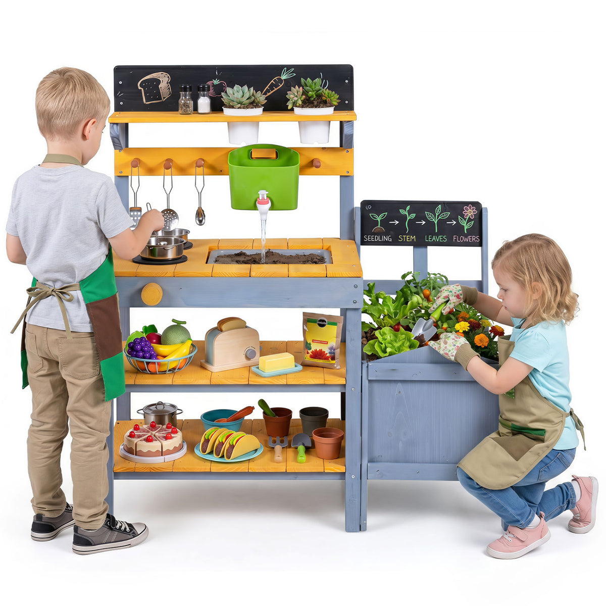 Yellow mud kitchen set for kids with running water reservoir and plant pots, pretend play toy for children ages 3+