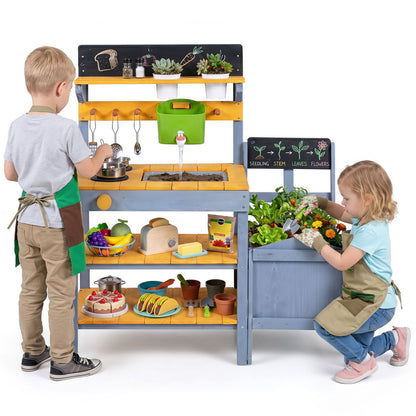 Yellow mud kitchen set for kids with running water reservoir and plant pots, pretend play toy for children ages 3+