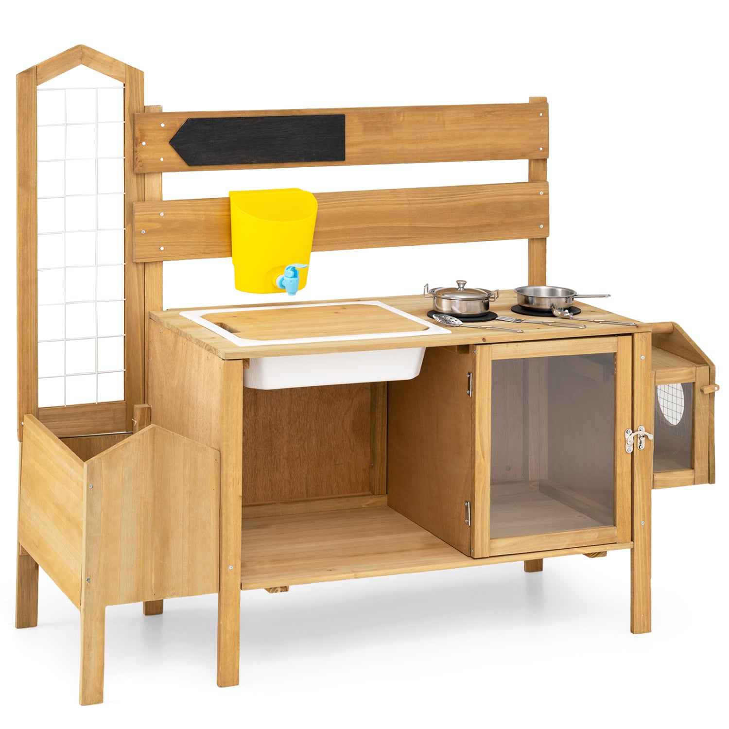 Kids' mud kitchen playset with detachable bird cage and stoves, natural wood toy kitchen for imaginative outdoor play.
