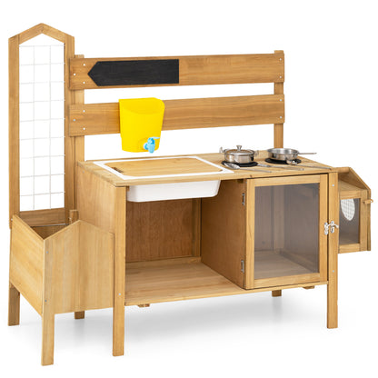 Kids' mud kitchen playset with detachable bird cage and stoves, natural wood toy kitchen for imaginative outdoor play.