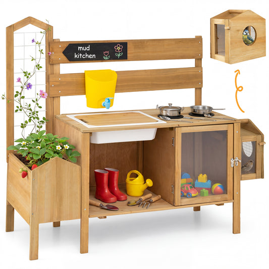 Colorful mud kitchen for kids with detachable bird cage and stoves, perfect for imaginative play and outdoor fun.