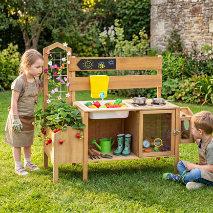 Kids' mud kitchen with detachable bird cage and play stoves, natural wood toy kitchen set for imaginative outdoor play.