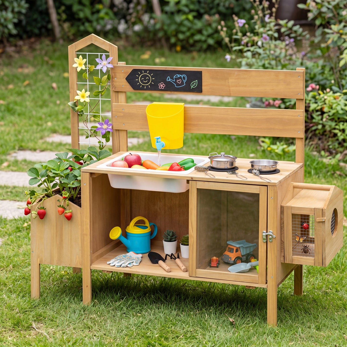 Children's mud kitchen play set with detachable bird cage and stoves, natural wood finish, for imaginative outdoor pretend play.