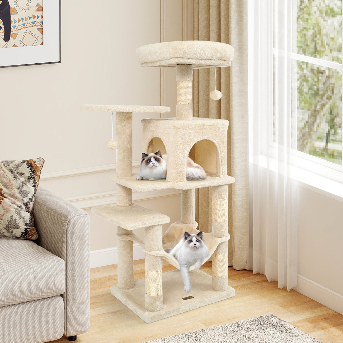 Multi-Level Cat Tower with 2-Door Condo and Padded Top Perch-Beige
