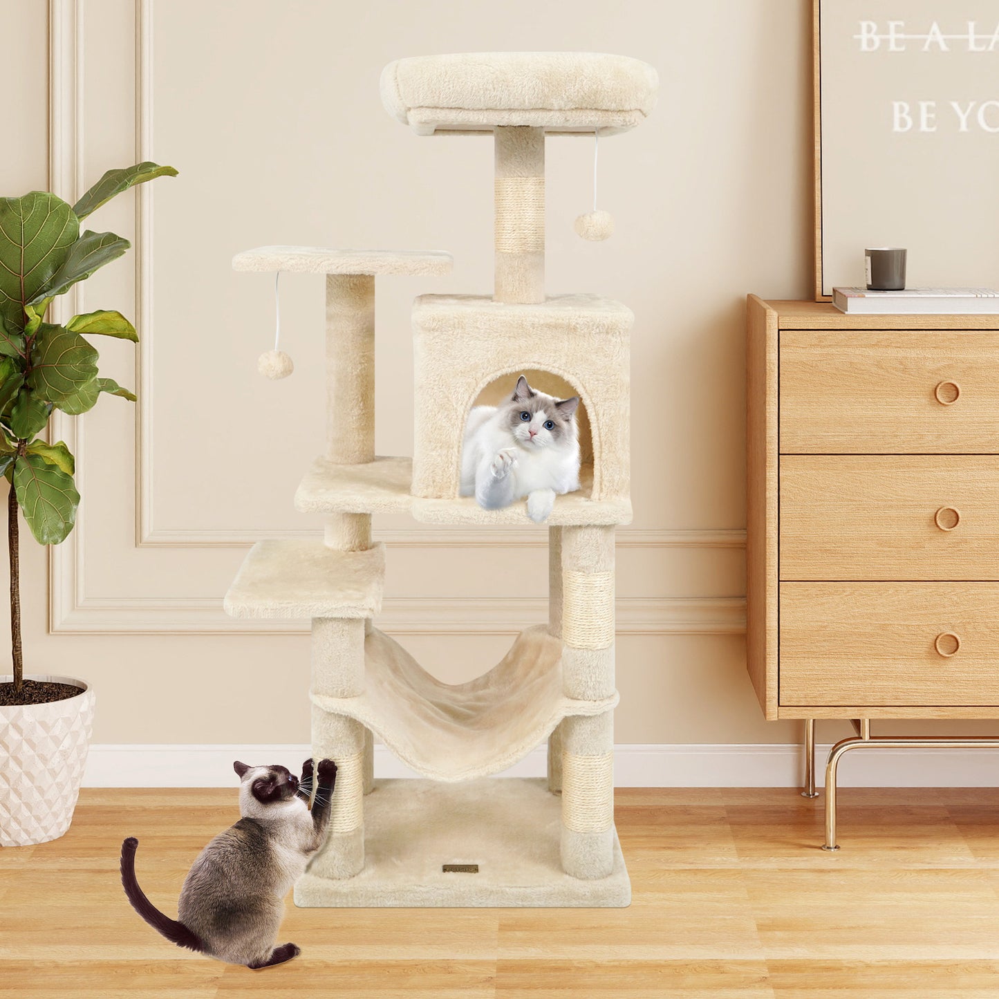 Multi-Level Cat Tower with 2-Door Condo and Padded Top Perch-Beige